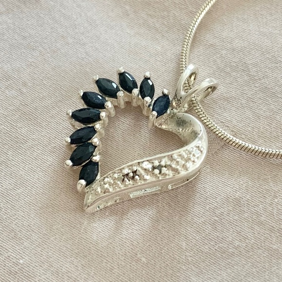 Blue Sapphire Marquis Stones with Tiny Diamonds Set In 925 Silver Heart Setting - Picture 1 of 3